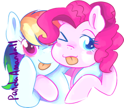 Size: 1062x921 | Tagged: safe, artist:pandaamanda11, character:pinkie pie, character:rainbow dash, species:earth pony, species:pegasus, species:pony, ship:pinkiedash, cute, female, lesbian, mare, shipping, simple background, tongue out