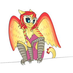 Size: 2250x2250 | Tagged: safe, artist:suchosophie, character:sunset shimmer, species:anthro, species:bird, my little pony:equestria girls, alternate universe, avian, black sclera, chest tuft, crouching, ear tufts, feather, female, harpy, monster pony, original species, sharp teeth, simple background, solo, teeth, white background