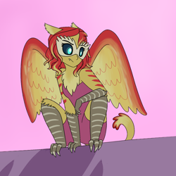 Size: 2250x2250 | Tagged: safe, alternate version, artist:suchosophie, character:sunset shimmer, species:anthro, my little pony:equestria girls, alternate universe, avian, black sclera, chest tuft, crouching, ear tufts, feather, female, harpy, monster pony, original species, rooftop, shadow, simple background, solo, sunset, talons