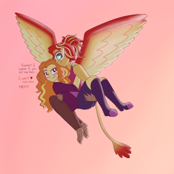 Size: 2250x2250 | Tagged: safe, artist:suchosophie, character:adagio dazzle, character:sunset shimmer, species:anthro, species:human, ship:sunsagio, my little pony:equestria girls, avian, blushing, bridal carry, carrying, dialogue, feather, female, flirting, floating heart, flying, harpy, heart, holding on, lesbian, monster pony, original species, ponytail, shipping, sunset, text