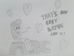 Size: 1345x1028 | Tagged: safe, artist:octascratchrock, character:octavia melody, my little pony:equestria girls, abc, female, grayscale, heart, jackson 5, looking at you, love, lyrics, monochrome, music, solo, text, traditional art
