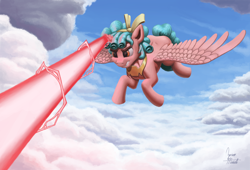 Size: 1880x1280 | Tagged: safe, artist:zevironmoniroth, character:cozy glow, species:alicorn, species:pony, episode:the ending of the end, g4, my little pony: friendship is magic, alicornified, blast, cloud, female, flying, magic, magic blast, race swap, sky, solo