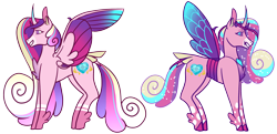 Size: 2470x1200 | Tagged: safe, artist:eonionic, character:princess cadance, species:alicorn, species:changeling, species:changepony, species:pony, species:reformed changeling, changedlingified, duality, female, headcanon in the description, hybrid, simple background, solo, species swap, transparent background