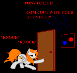 Size: 575x547 | Tagged: safe, artist:agdistis, oc, oc only, oc:ginger peach, species:alicorn, species:pony, alicorn oc, black background, door, green eyes, orange hair, police, simple background
