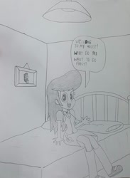 Size: 1150x1567 | Tagged: safe, artist:octascratchrock, character:octavia melody, my little pony:equestria girls, bed, bedroom, black and white, clothing, female, grayscale, home, looking at you, monochrome, simple background, solo, traditional art, white background
