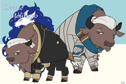 Size: 1536x1024 | Tagged: safe, artist:housho, species:buffalo, armor, bull, clothing, dedue molinaro, ear piercing, earring, fire emblem, fire emblem: three houses, jewelry, male, piercing, ponified, scar