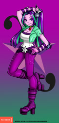 Size: 483x1000 | Tagged: safe, artist:srasomeone, patreon reward, character:aria blaze, my little pony:equestria girls, belt, boots, breasts, busty aria blaze, cleavage, clothing, commission, cutie mark background, female, gem, gradient background, green background, hand on hip, high heel boots, jacket, looking at you, microphone, pants, patreon, platform heels, pose, purple background, raised leg, shiny, shoes, simple background, siren gem, smiling, solo, top, watermark, wristband