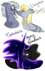 Size: 1400x2200 | Tagged: safe, artist:purplegrim40, character:derpy hooves, character:limestone pie, character:pony of shadows, character:tantabus, species:earth pony, species:pegasus, species:pony, ship:derpystone, ship:tantashadow, crack shipping, digital art, female, lesbian, male, mare, shipping, simple background, smiling, straight, transparent background