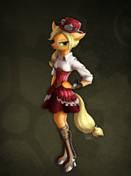 Size: 1280x1707 | Tagged: safe, artist:hauntedtuba, artist:psaxophone, character:applejack, species:anthro, species:earth pony, g4, arm hooves, boots, clothing, dress, face markings, female, gears, goggles, hat, hoof on hip, mare, shoes, solo, steampunk, watch, wristwatch
