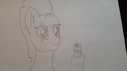 Size: 3264x1836 | Tagged: safe, artist:firestarter, character:tempest shadow, can, eye scar, female, scar, sketch, solo, tempest stole my drink, traditional art