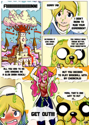 Size: 2480x3507 | Tagged: safe, artist:pixelboy, species:dog, species:human, comic:princess day off, adventure time, angry, barely pony related, blushing, castle, clothing, comic, crossover, crossover shipping, dialogue, explicit series, explosion, female, finn the human, jake the dog, lab coat, male, no pony, princess bubblegum, shipping
