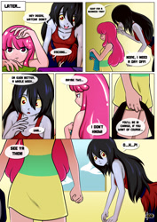 Size: 2480x3507 | Tagged: safe, artist:pixelboy, comic:princess day off, adventure time, annoyed, bag, barely pony related, clothing, comic, crossover, crossover shipping, dialogue, dress, explicit series, female, frown, no pony, princess bubblegum, shipping, smiling
