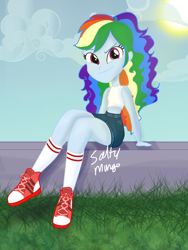 Size: 1500x2000 | Tagged: safe, artist:saltymango, character:rainbow dash, my little pony:equestria girls, alternate clothes, alternate hairstyle, converse, cute, dashabetes, female, looking at you, shoes, sitting, solo