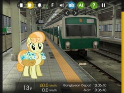 Size: 2048x1536 | Tagged: safe, artist:breadking, edit, editor:topsangtheman, character:junebug, species:earth pony, species:pony, basket, flower, hmmsim2, looking at you, seoul, south korea, train