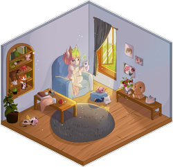 Size: 923x891 | Tagged: safe, artist:shiroikitten, oc, species:cow, species:fox, species:pony, species:rabbit, species:unicorn, animal, bear, female, isometric, magic, mare, octopus, pig, pixel art, plushie, room, sewing, solo, table, whale