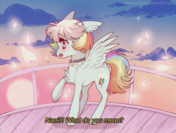 Size: 1140x855 | Tagged: safe, artist:kitten-in-the-jar, character:rainbow dash, species:pegasus, species:pony, 90s anime, anime, cloud, collar, cute, dashabetes, fake screencap, female, mare, nani, railing, raised hoof, sky, solo, spread wings, subtitles, wings