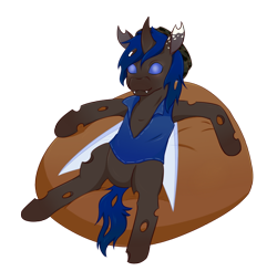 Size: 1000x981 | Tagged: safe, artist:guiltyp, oc, oc:bluey, species:changeling, armpits, beanbag chair, blue changeling, clothing, simple background, solo, transparent background, vest