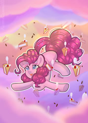 Size: 1224x1718 | Tagged: safe, artist:auroracursed, character:pinkie pie, species:earth pony, species:pony, cake, chocolate, chocolate rain, cloud, cute, diapinkes, female, food, rain, smiley face, solo