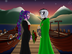 Size: 2000x1500 | Tagged: safe, artist:drake-rex, character:aria blaze, oc, oc:malicore, species:human, my little pony:equestria girls, ariore, boat, canon x oc, commission, marriage, mountain, shipping, viking, water, wedding