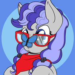Size: 1000x1000 | Tagged: safe, artist:housho, oc, oc only, oc:cinnabyte, species:earth pony, species:pony, bandana, butterfly, butterfly on nose, commission, female, finished commission, glasses, insect on nose, mare, simple background, solo, your character here