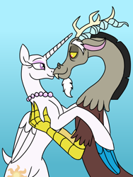 Size: 600x800 | Tagged: safe, artist:spyro-for-life, character:discord, character:princess celestia, species:alicorn, species:draconequus, species:pony, fanfic:celestia's new life, ship:dislestia, bald, cover art, embrace, eyeliner, eyeshadow, fanfic, fanfic art, fanfic cover, female, hairless tail, housewife, jewelry, love, makeup, male, married, married couple, mascara, necklace, pearl necklace, shaved head, shaved tail, shipping, straight
