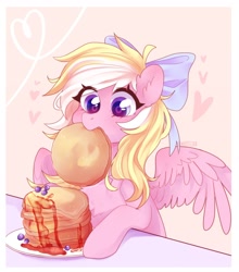 Size: 1354x1536 | Tagged: safe, artist:whiteliar, oc, oc only, oc:bay breeze, species:pegasus, species:pony, blushing, bow, chest fluff, cute, ear fluff, female, food, hair bow, mare, nom, ocbetes, pancakes, simple background, weapons-grade cute