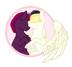 Size: 785x729 | Tagged: safe, artist:firefox238, artist:lilith1light, base used, character:songbird serenade, character:tempest shadow, species:pegasus, species:pony, species:unicorn, broken horn, chest fluff, eyes closed, female, horn, hug, kissing, lesbian, mare, shadowbird, shipping, simple background, transparent background, watermark