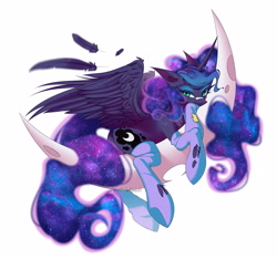 Size: 5000x4685 | Tagged: safe, artist:jun1313, character:princess luna, species:alicorn, species:pony, beautiful, butt, clothing, crescent moon, cute, cutie mark, ethereal mane, feather, female, flowing mane, flowing tail, galaxy mane, lunabetes, mare, moon, moonbutt, praise the moon, sexy, simple background, socks, solo, starry tail, stupid sexy princess luna, torn clothes, white background, wings