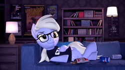 Size: 2048x1152 | Tagged: safe, artist:owlpirate, character:derpy hooves, species:pegasus, species:pony, 3d, bookshelf, clothing, couch, drink, female, food, glasses, lamp, mare, monster energy, pepsi, poster, shirt, soda, solo, t-shirt