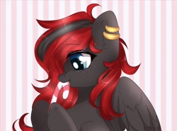 Size: 2365x1753 | Tagged: safe, artist:whiteliar, oc, oc only, oc:sharpe, species:pegasus, species:pony, candy, candy cane, cute, eating, female, food, mare, piercing, solo, ych result