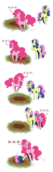 Size: 1177x3769 | Tagged: safe, artist:seishinann, character:bon bon, character:pinkie pie, character:sweetie drops, species:earth pony, species:pony, comic, crossover, hole, missing cutie mark, trace
