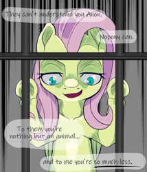 Size: 720x840 | Tagged: safe, artist:zettaidullahan, character:fluttershy, species:pegasus, species:pony, bedroom eyes, cage, degradation, female, femdom, flutterdom, implied anon, looking down, mare, offscreen character, open mouth, pov, smiling, smirk, solo, speech, submissive pov, underhoof