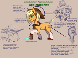 Size: 800x600 | Tagged: safe, artist:zettaidullahan, character:apple bloom, character:applejack, character:big mcintosh, character:granny smith, species:earth pony, species:pony, g5 leak, alternate design, antagonist, applejack (g5), book, box, clothing, cultist, eyelashes, eyeliner, female, filly, freckles, hair over eyes, hat, hooffluff, makeup, male, mare, onomatopoeia, raised hoof, reading, redesign, reference sheet, smiling, smirk, stallion