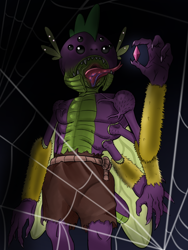 Size: 720x960 | Tagged: safe, artist:zettaidullahan, character:spike, species:dragon, clothing, fanfic art, gem, hybrid, male, multiple eyes, multiple limbs, pants, partial nudity, solo, spider web, tongue out, topless