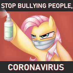 Size: 2894x2894 | Tagged: safe, artist:ericsson, character:fluttershy, species:pegasus, species:pony, angry, armpits, bully, bullying, coronavirus, covid-19, female, hoof hold, medicine, napkin, people, serious, serious face, solo, stop, surgical mask, wet napkin, wingding eyes