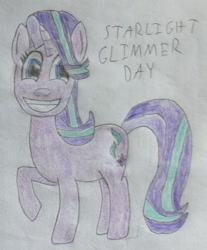 Size: 1331x1607 | Tagged: safe, artist:myoozik, derpibooru original, character:starlight glimmer, species:pony, species:unicorn, blue eyes, cutie mark, female, grin, hair flip, hair over one eye, happy, horn, looking at you, mare, photo, raised hoof, smiling, standing, starlight glimmer day, tail, text, traditional art