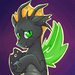 Size: 500x500 | Tagged: safe, artist:phsuke, oc, oc only, oc:vesairus, species:changeling, blushing, changeling oc, commission, fangs, horn, icon, looking at you, male, smiling, smiling at you, solo, wings