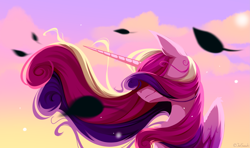 Size: 4237x2500 | Tagged: safe, artist:jun1313, character:princess cadance, species:alicorn, species:pony, digital art, female, leaves, mare, smiling, solo, windswept mane
