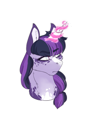 Size: 918x1159 | Tagged: safe, artist:jaysey, character:twilight sparkle, species:pony, alternate design, bust, female, magic, magic aura, mare, ponytail, simple background, solo, transparent background