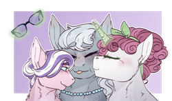Size: 1280x751 | Tagged: safe, artist:jaysey, character:diamond tiara, character:silver spoon, character:sweetie belle, species:earth pony, species:pony, species:unicorn, ship:diamondbelle, ship:silverbelle, ship:silvertiara, bow, female, glasses, hair bow, jewelry, lesbian, magic, magic aura, mare, necklace, pearl necklace, polyamory, shipping, telekinesis