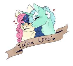 Size: 1182x1074 | Tagged: safe, artist:jaysey, character:bon bon, character:lyra heartstrings, character:sweetie drops, species:earth pony, species:pony, species:unicorn, ship:lyrabon, banner, cheek fluff, ear piercing, eyes closed, female, heart, kiss on the cheek, kissing, lesbian, love wins, mare, piercing, shipping, simple background, text, transparent background