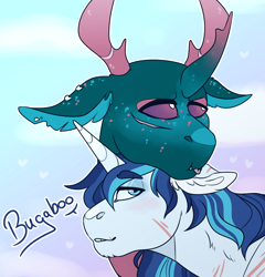 Size: 1042x1084 | Tagged: safe, artist:jaysey, character:pharynx, character:prince pharynx, character:shining armor, species:changeling, species:pony, species:reformed changeling, species:unicorn, crack shipping, ear piercing, gay, male, mlem, piercing, scar, shinrynx, shipping, silly, tongue out