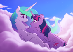 Size: 1280x905 | Tagged: safe, artist:akeahi, character:princess celestia, character:twilight sparkle, character:twilight sparkle (alicorn), species:alicorn, species:pony, ship:twilestia, cloud, female, lesbian, looking at each other, mare, on back, on top, shipping, smiling