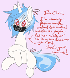 Size: 1706x1906 | Tagged: safe, artist:clair, oc, oc only, oc:clair, oc:clairvoyance, species:pony, species:unicorn, blackletter, coronavirus, covid-19, face mask, heart eyes, owo, ppe, ribbon, simple background, solo, text, wingding eyes