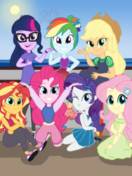 Size: 1500x2000 | Tagged: safe, artist:saltymango, character:applejack, character:fluttershy, character:pinkie pie, character:rainbow dash, character:rarity, character:sunset shimmer, character:twilight sparkle, character:twilight sparkle (scitwi), species:eqg human, my little pony:equestria girls, alternate clothes, alternate hairstyle, cute, happy, humane five, humane seven, humane six, looking at you