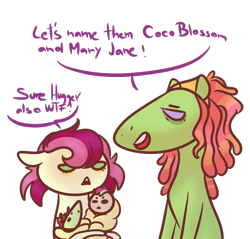 Size: 815x780 | Tagged: safe, artist:kiwigoat-art, character:roseluck, character:tree hugger, oc, oc:coco blossom, oc:mary jane, parent:roseluck, parent:tree hugger, species:earth pony, species:pegasus, species:pony, baby, baby pony, crack ship offspring, crack shipping, female, joke, magical lesbian spawn, newborn, offspring, parents:rosehugger, shipping, simple background, solo, there's a joke in here somewhere, transparent background