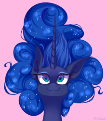 Size: 4000x4497 | Tagged: safe, artist:jun1313, character:princess luna, species:pony, absurd resolution, bust, cute, digital art, ear fluff, ethereal mane, female, galaxy mane, lunabetes, mare, pink background, portrait, simple background, smiling, solo