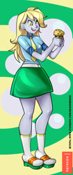 Size: 502x1200 | Tagged: safe, artist:srasomeone, character:derpy hooves, my little pony:equestria girls, clothing, cutie mark background, female, food, holding, muffin, necktie, open mouth, patreon, sandals, shirt, skirt, smiling, socks, socks with sandals, solo
