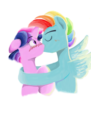 Size: 1536x2048 | Tagged: safe, artist:wimple, character:rainbow dash, character:twilight sparkle, oc:dusk shine, species:pegasus, species:pony, species:unicorn, ship:twidash, blushing, duskblitz, eye clipping through hair, eyebrows, eyebrows visible through hair, eyes closed, gay, kissing, male, profile, rainbow blitz, rule 63, shipping, simple background, spread wings, stallion, white background, wingboner, wings