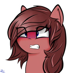 Size: 2000x2000 | Tagged: safe, artist:drawalaverr, oc, oc only, species:earth pony, species:pony, blushing, bust, eye clipping through hair, female, high res, mare, no nostrils, portrait, scared, shrunken pupils, simple background, solo, white background